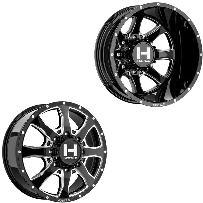 20×8.25 Hostile H403 Kodiak Black Milled 11-UP GM DUALLY Wheels 8×210 Set of 6 (Fits UP to 12.50 tire)