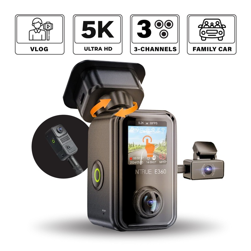 VANTRUE E360ACE 3-Channel 5.2K Resolution 360 Panoramic Dash Camera w/ Handheld Selfie Function (Compatible with LTE)
