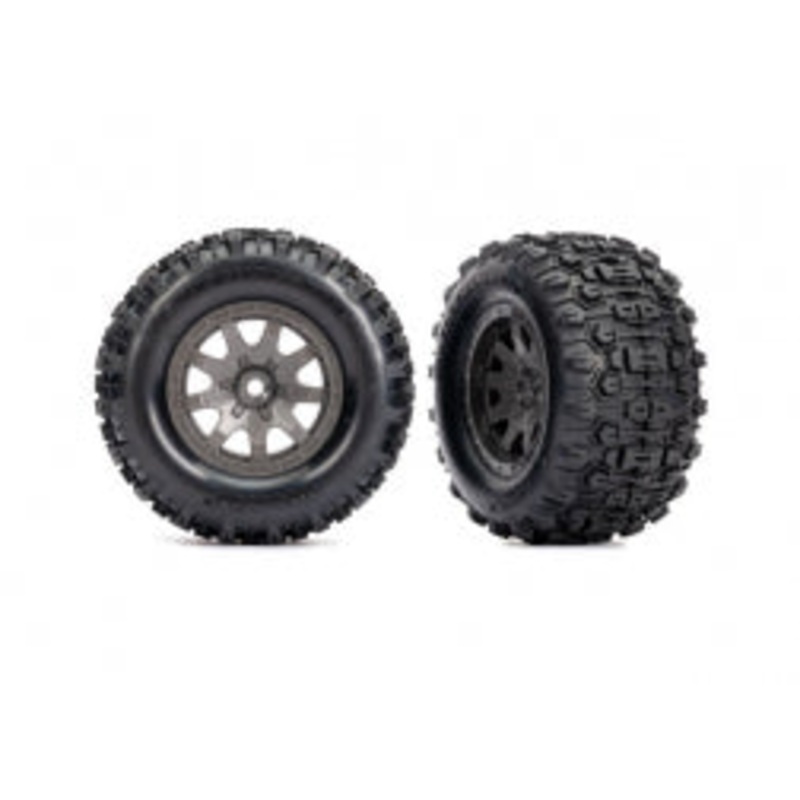 Traxxas Mini Maxx Tires & wheels, assembled (charcoal gray wheels, dual profile (2.1″ outer, 2.6″ inner), Sledgehammer tires, foam inserts)) (front) (2)