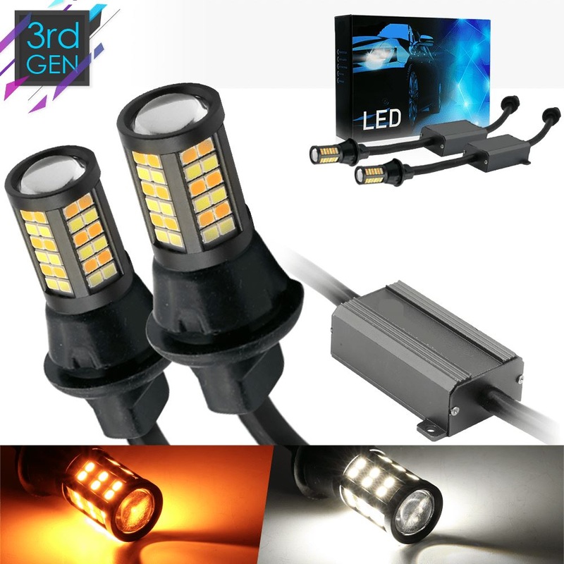 SYNETICUSA 7443 / 7440 Dual Color Switchback Turn Signal – Parking Lights Error Free LED Light Bulbs (White/Amber)