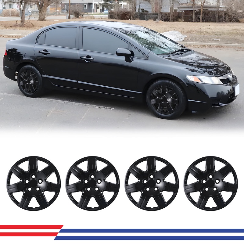 WINJET 16′ Hubcaps Wheel Rims Cover for 2006-2011 Honda Civic – Black Lacquer