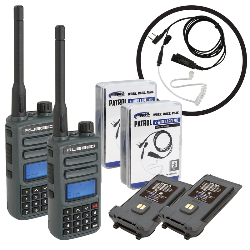 GREAT OUTDOORS PACK – GMR2 GMRS and FRS Hand Held Radio pair with Lapel Mic and XL Batteries
