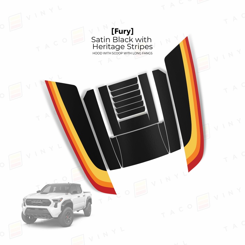 2024+ Tacoma Fury Hood Scoop Stamp (W/ Long Fangs) Satin Black with Heritage Stripes