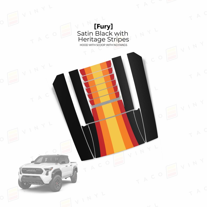 2024+ Tacoma Fury Hood Scoop Stamp (W/ No Fangs) Satin Black with Heritage Stripes