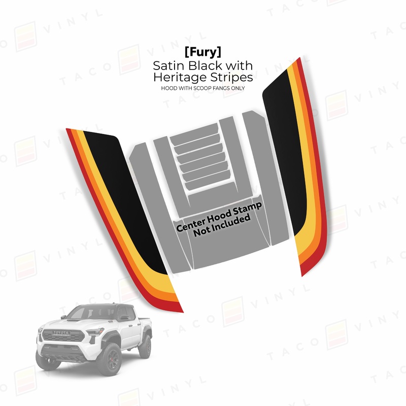 2024+ Tacoma Fury Hood Stamp (Fangs Only) Satin Black with Heritage Stripes