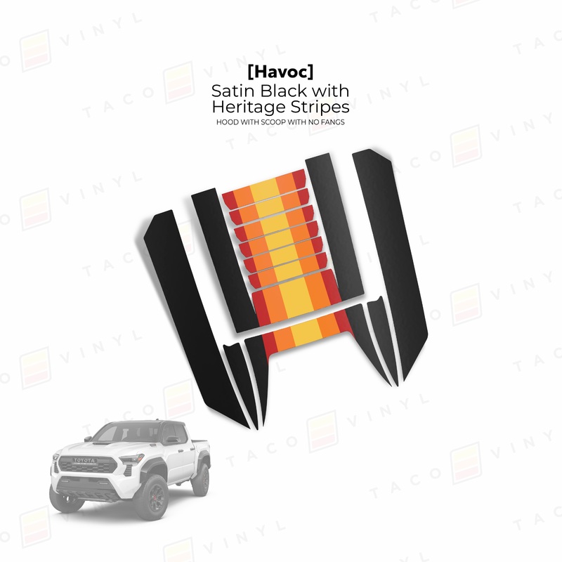 2024+ Tacoma Havoc Hood Scoop Stamp (W/ No Fangs) Satin Black with Heritage Stripes