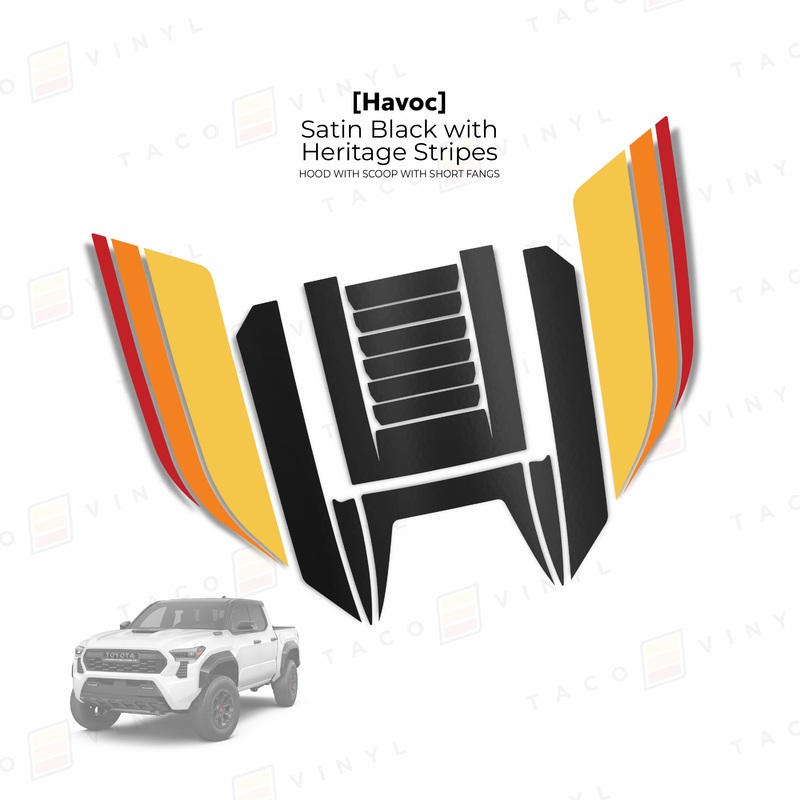 2024+ Tacoma Havoc Hood Scoop Stamp (W/ Short Fangs) Satin Black with Heritage Stripes