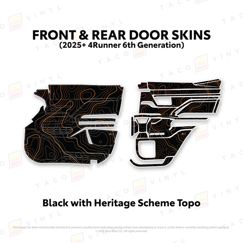 2025+ 4Runner Door Skins Front Driver/Passenger Black with Heritage Scheme Topo Yes with JBL Speakers